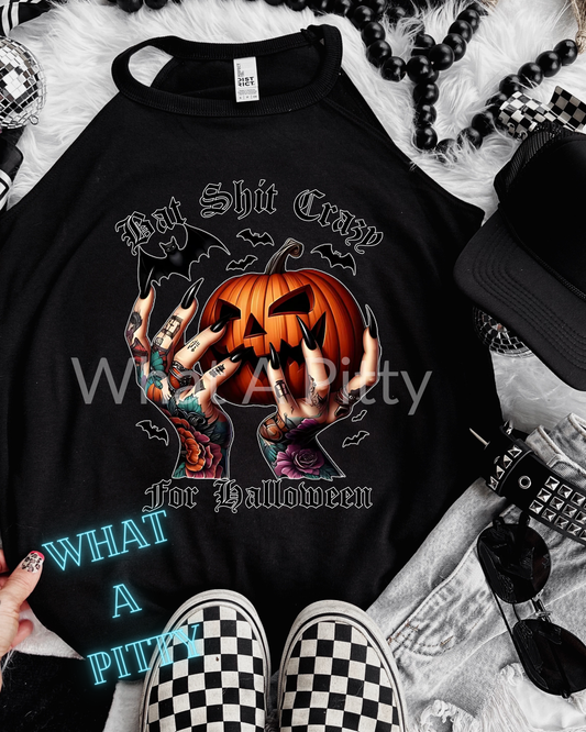 Bat Shit Crazy for Halloween (white outline) tee