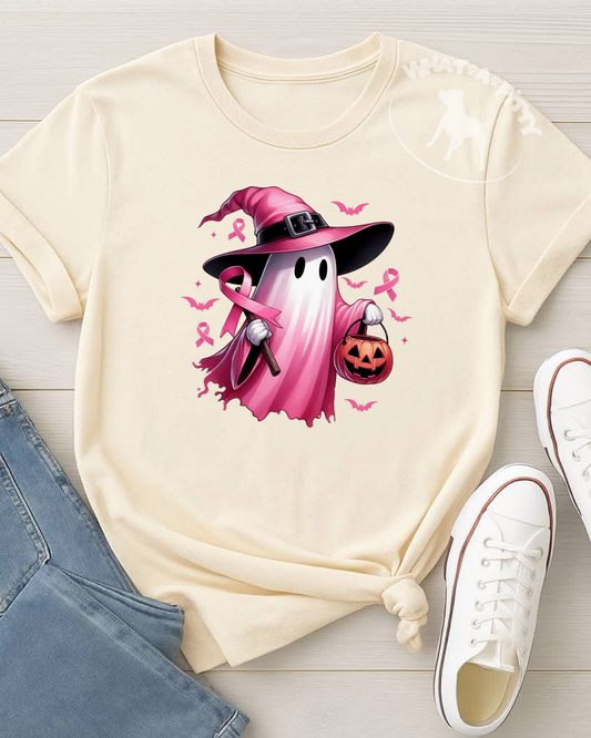 Ghost holding pink ribbon tee