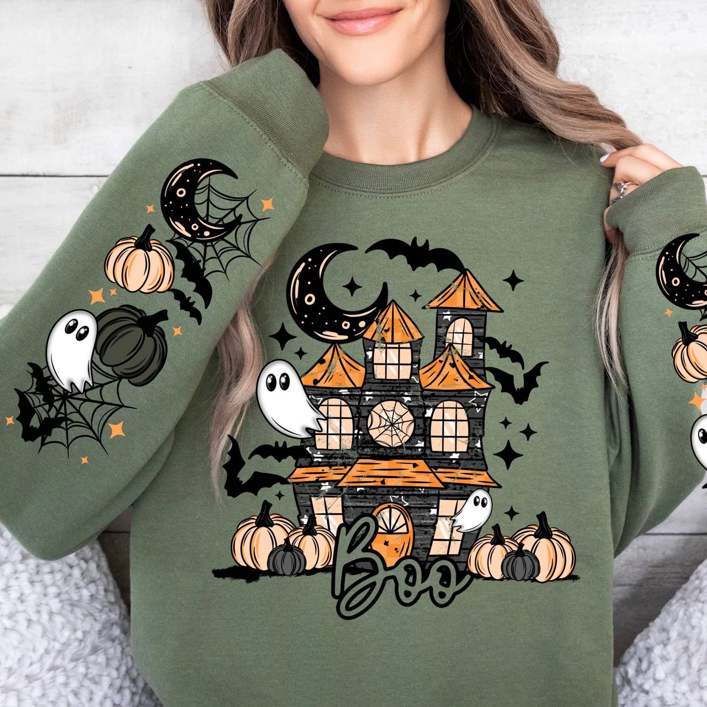 Boo Haunted House sweatsirt w/ sleeve designs