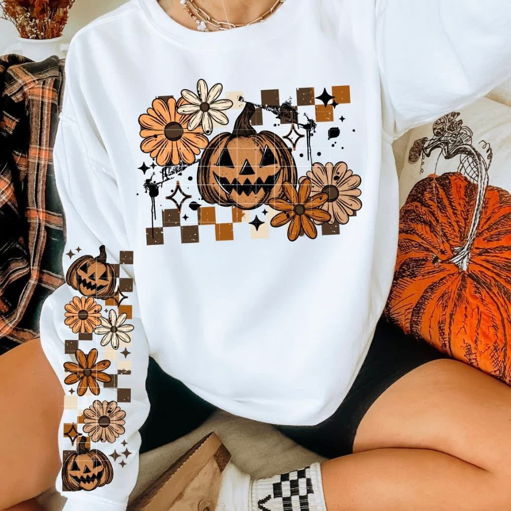 Fall Jack-o-lantern sweatsirt w/ sleeve designs
