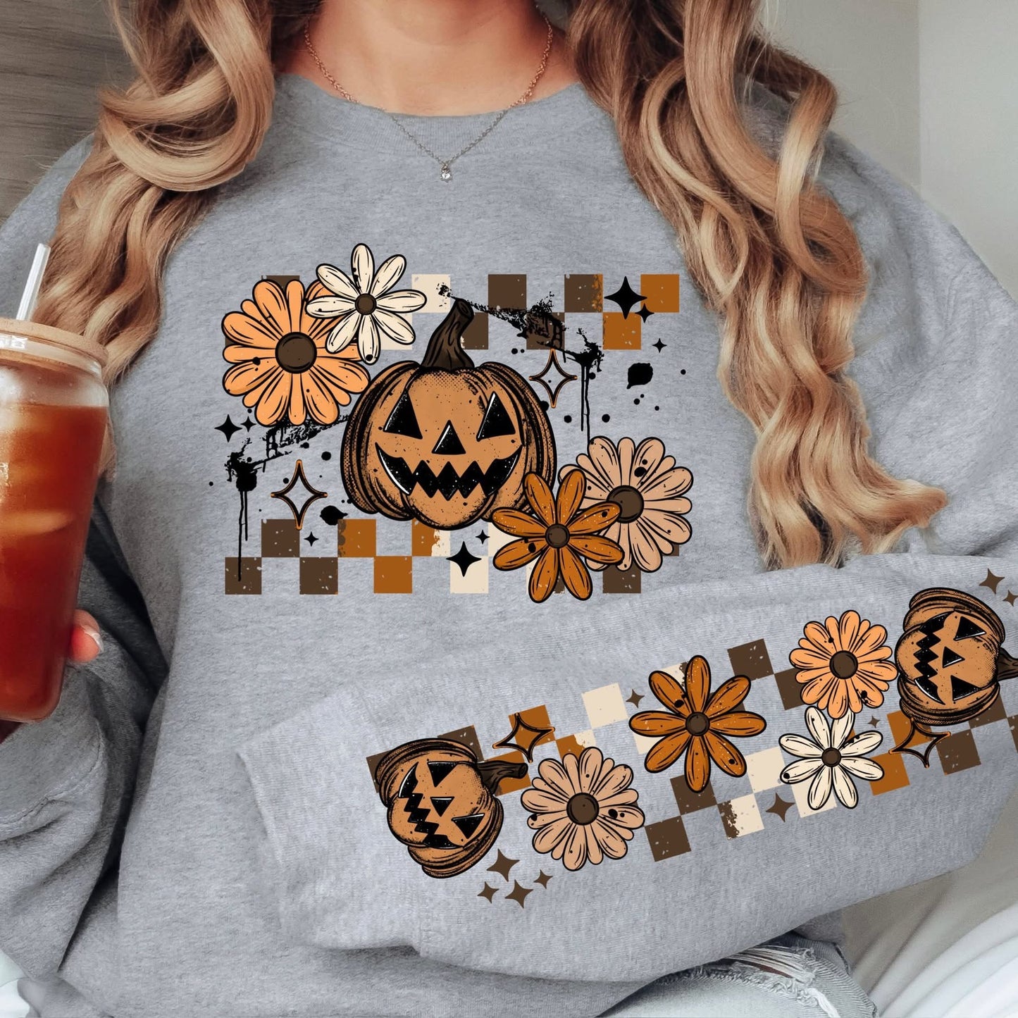 Fall Jack-o-lantern sweatsirt w/ sleeve designs