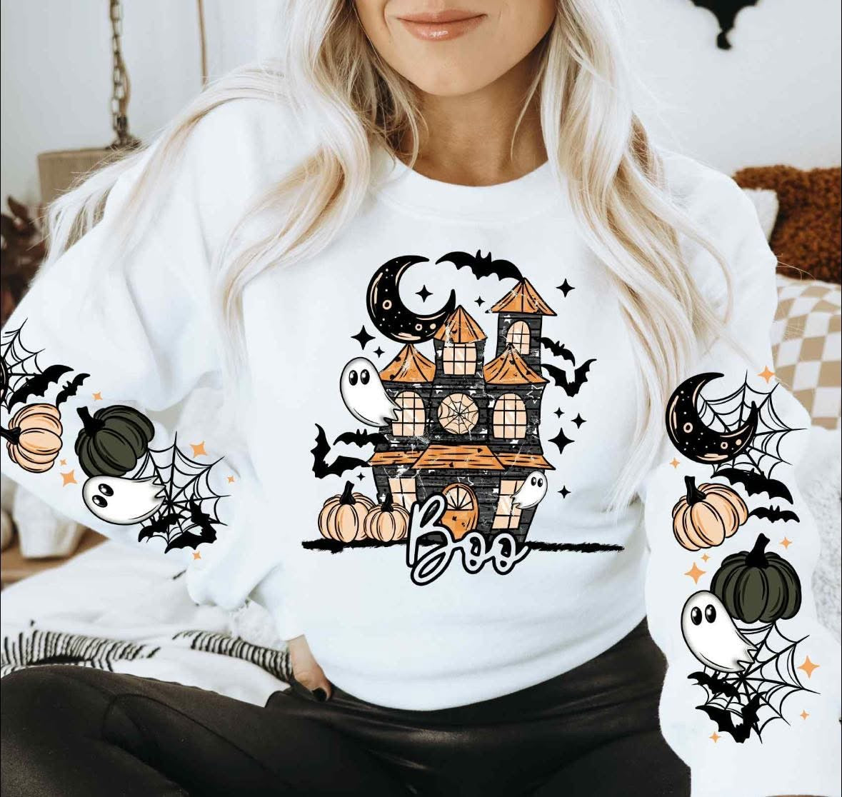 Boo Haunted House sweatsirt w/ sleeve designs
