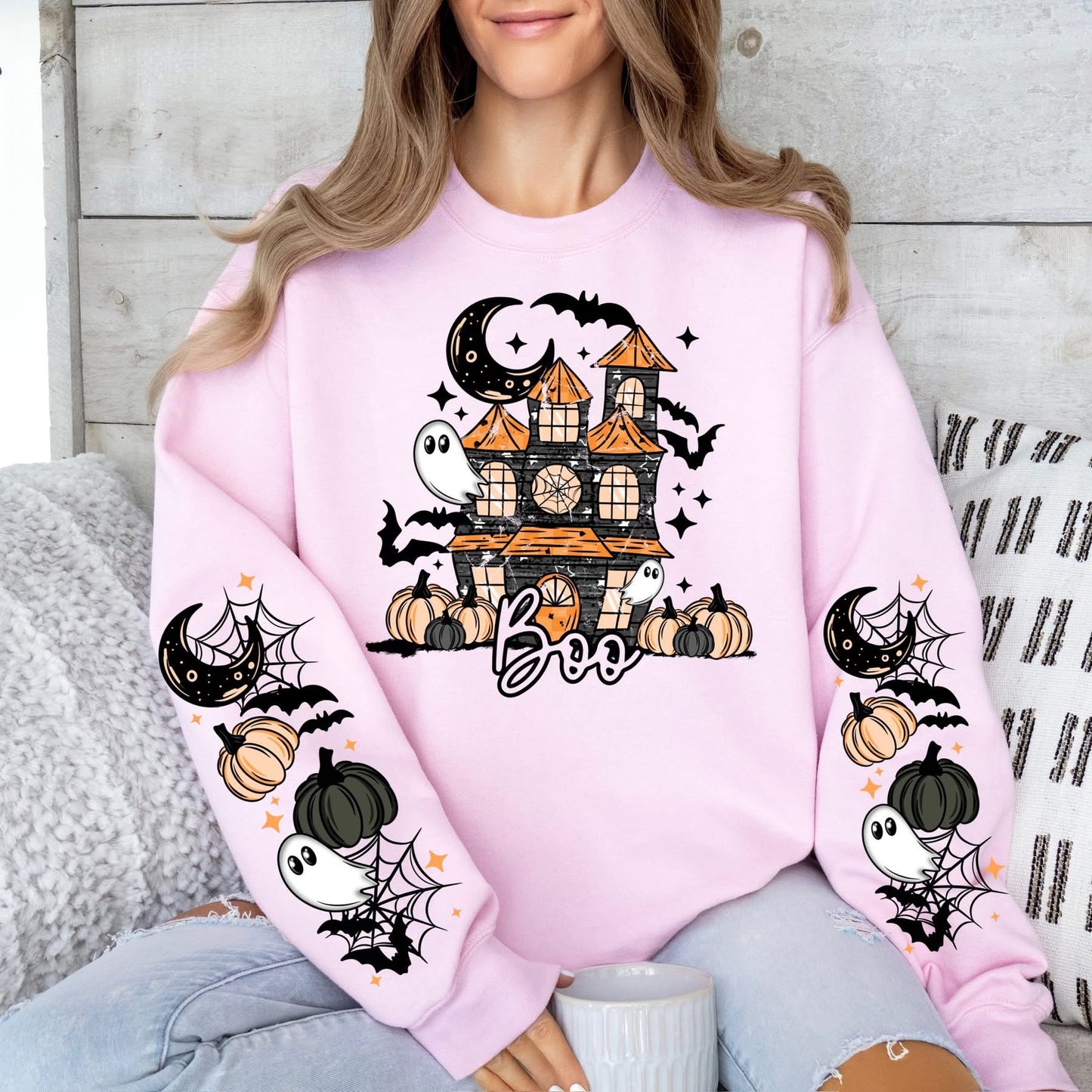 Boo Haunted House sweatsirt w/ sleeve designs