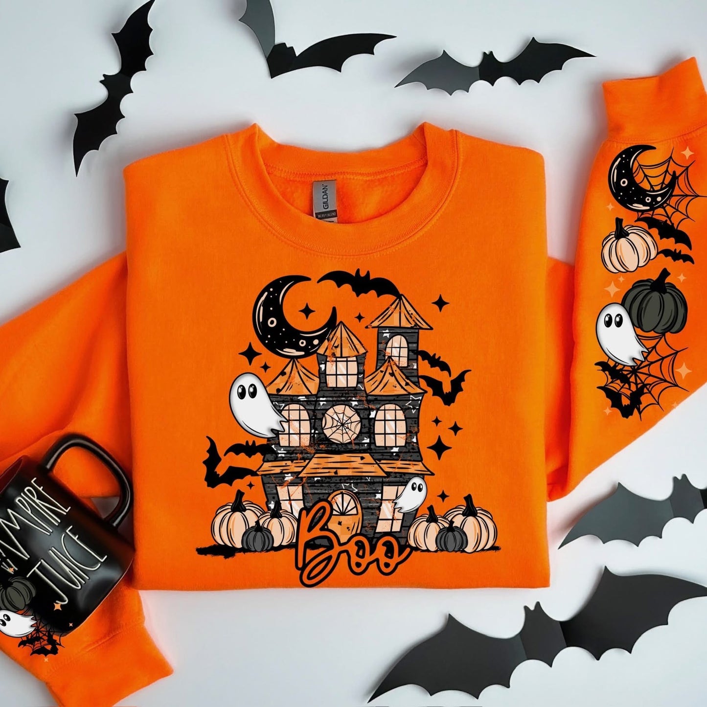 Boo Haunted House sweatsirt w/ sleeve designs
