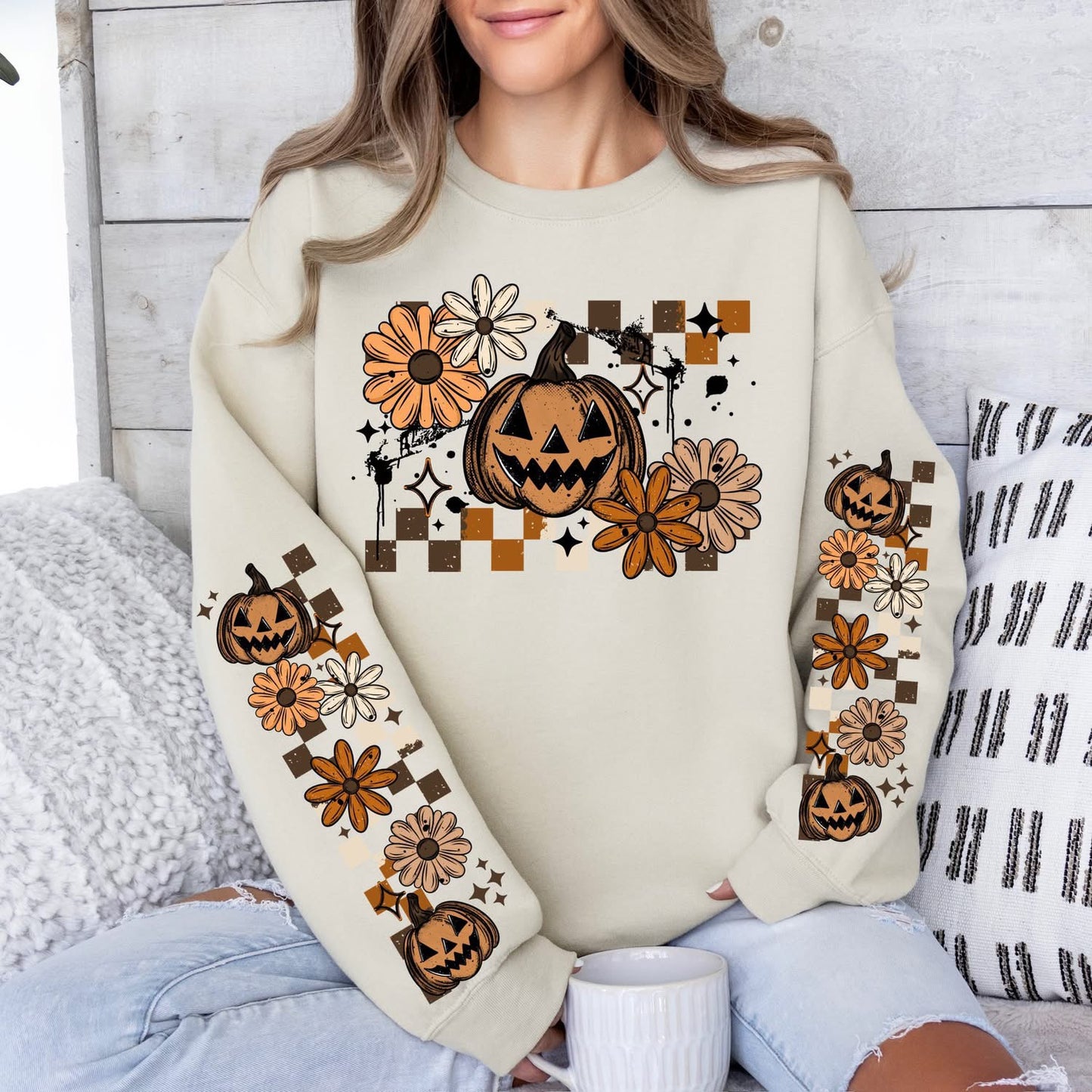 Fall Jack-o-lantern sweatsirt w/ sleeve designs