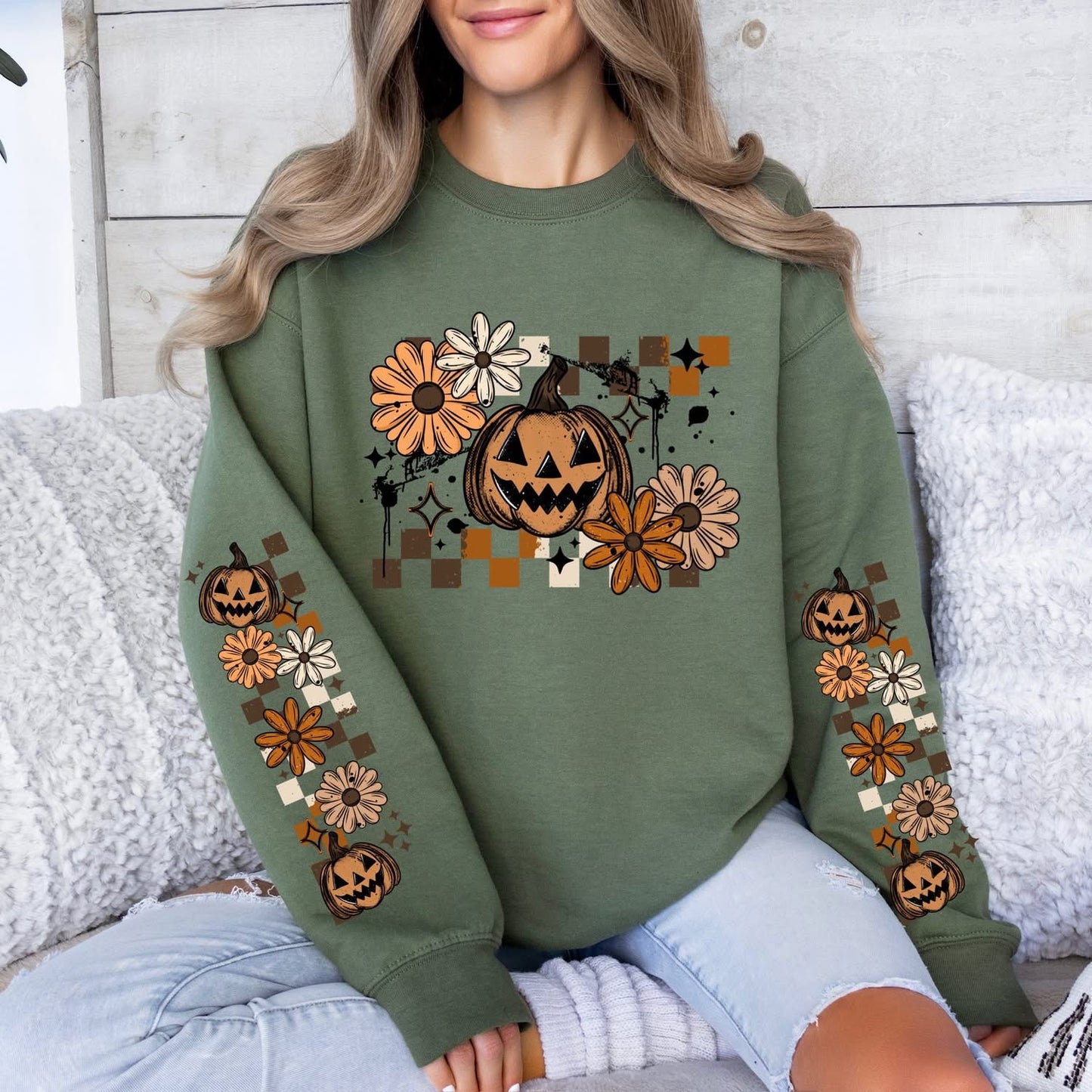 Fall Jack-o-lantern sweatsirt w/ sleeve designs