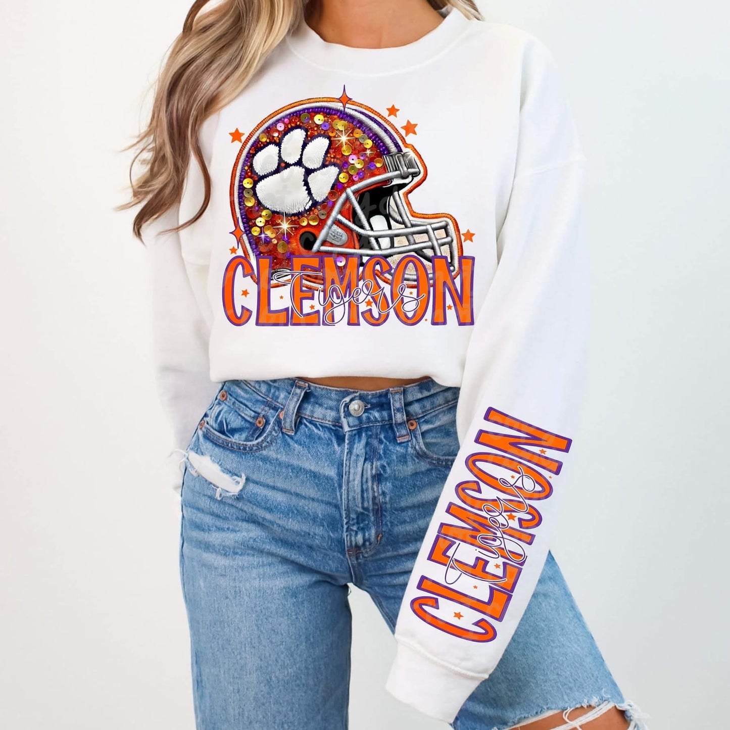 Football Faux sequin design sweatshirt with sleeve design - COLLEGE