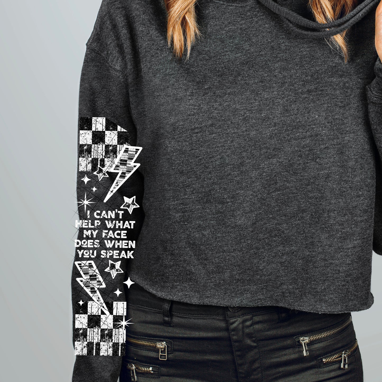 My Facial Expressions (white ink) sweatshirt with sleeve design