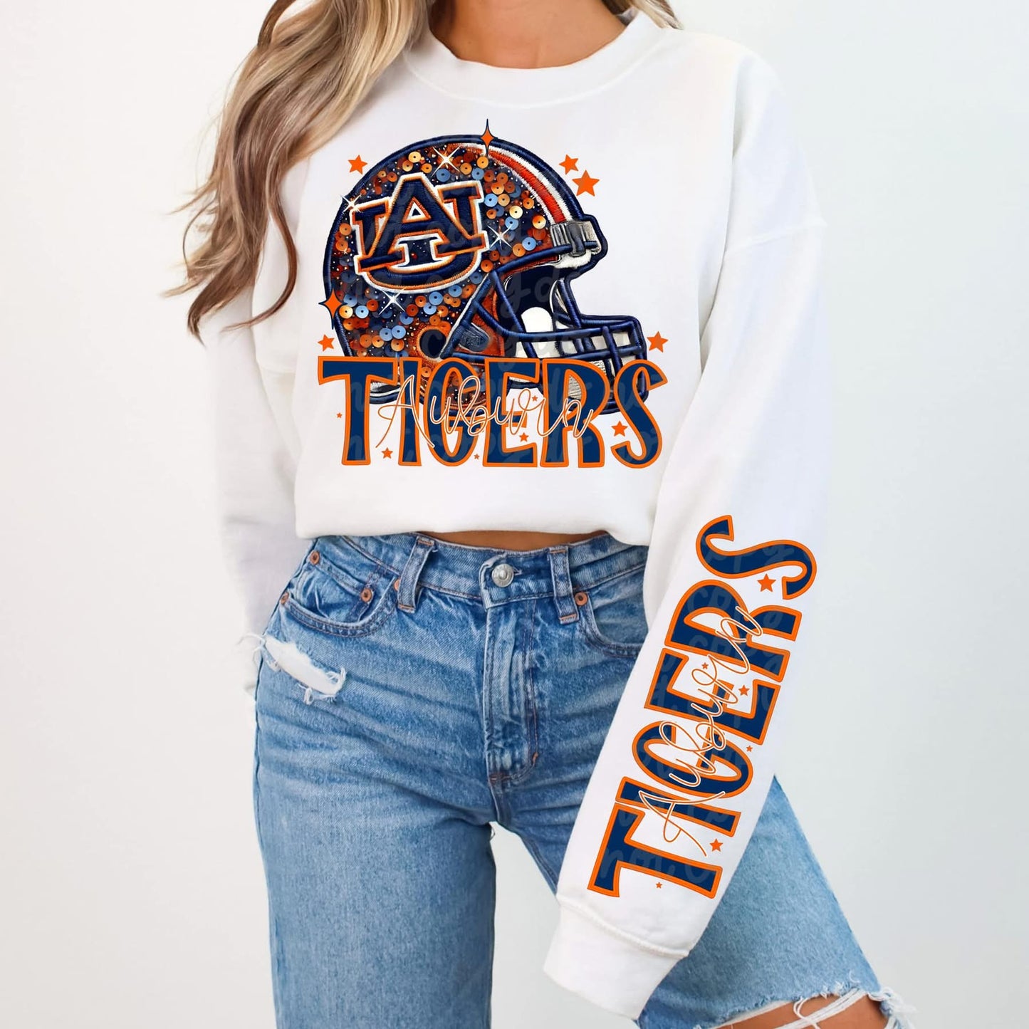 Football Faux sequin design sweatshirt with sleeve design - COLLEGE