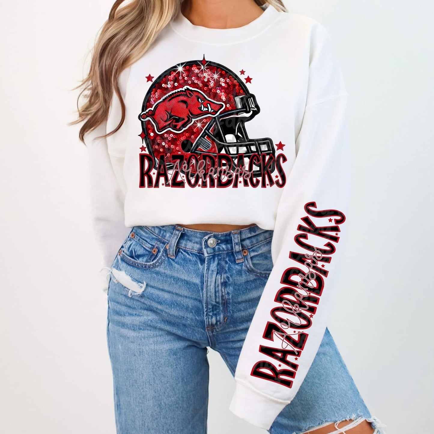 Football Faux sequin design sweatshirt with sleeve design - COLLEGE