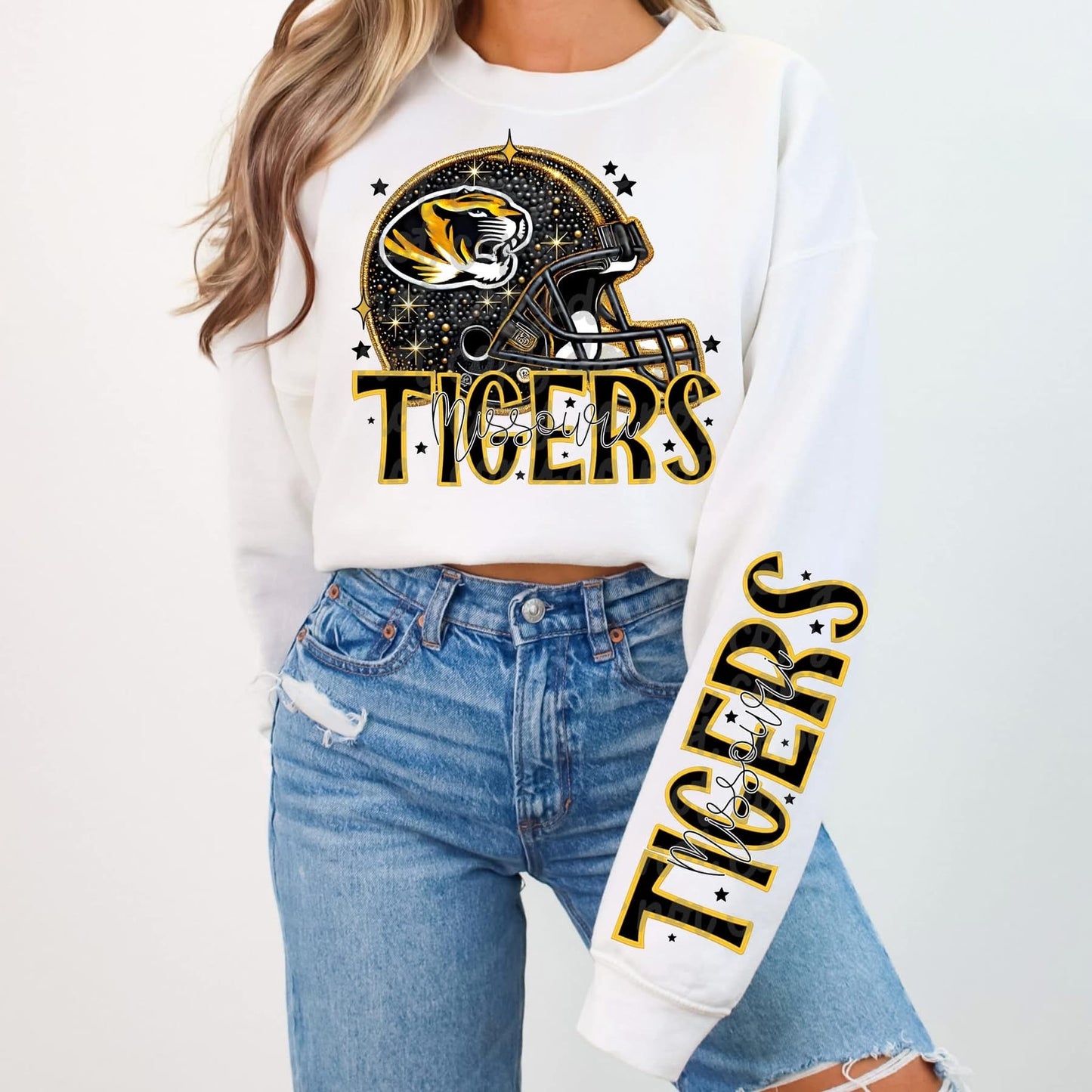 Football Faux sequin design sweatshirt with sleeve design - COLLEGE