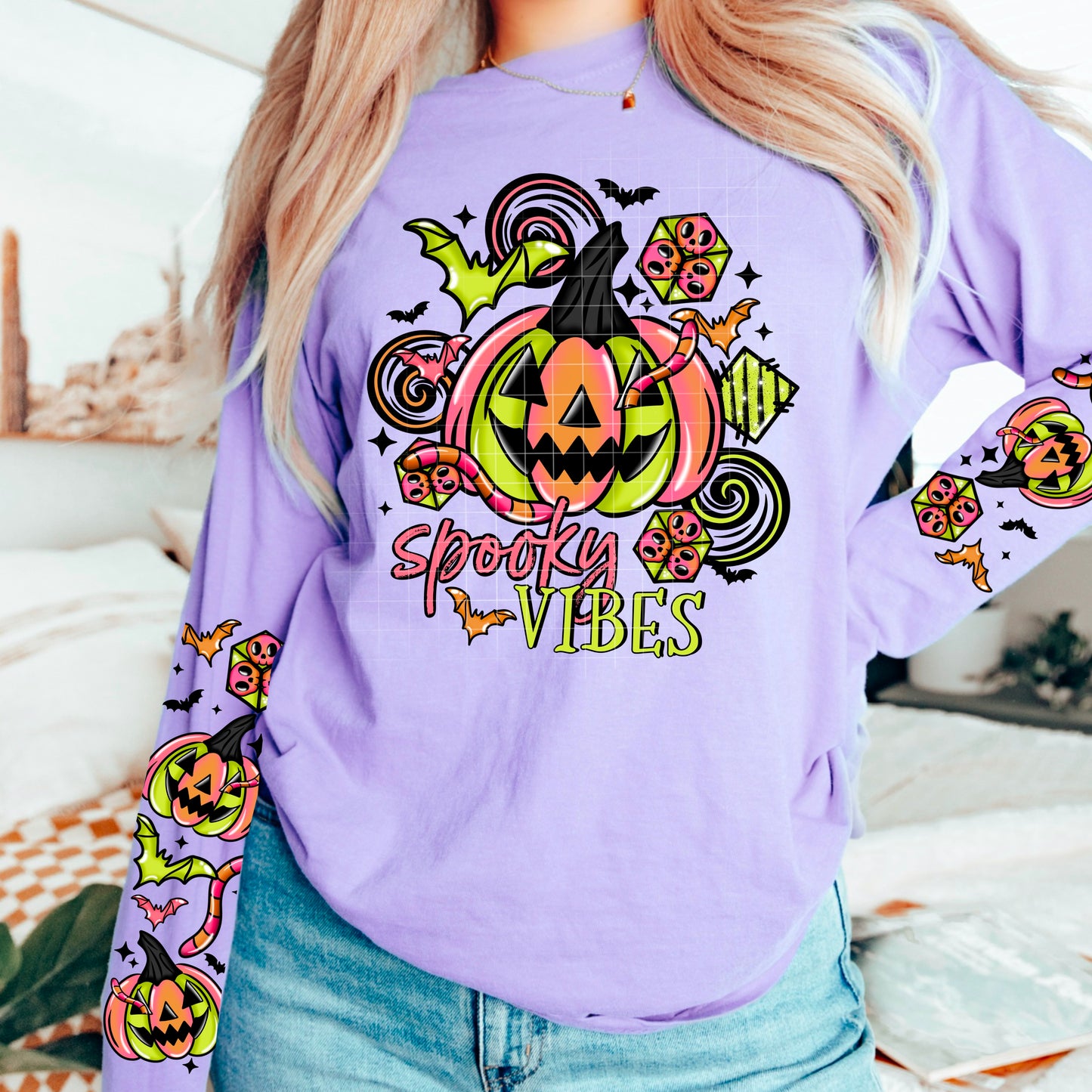 Lime Spooky Vibes sweatshirt with sleeve designs