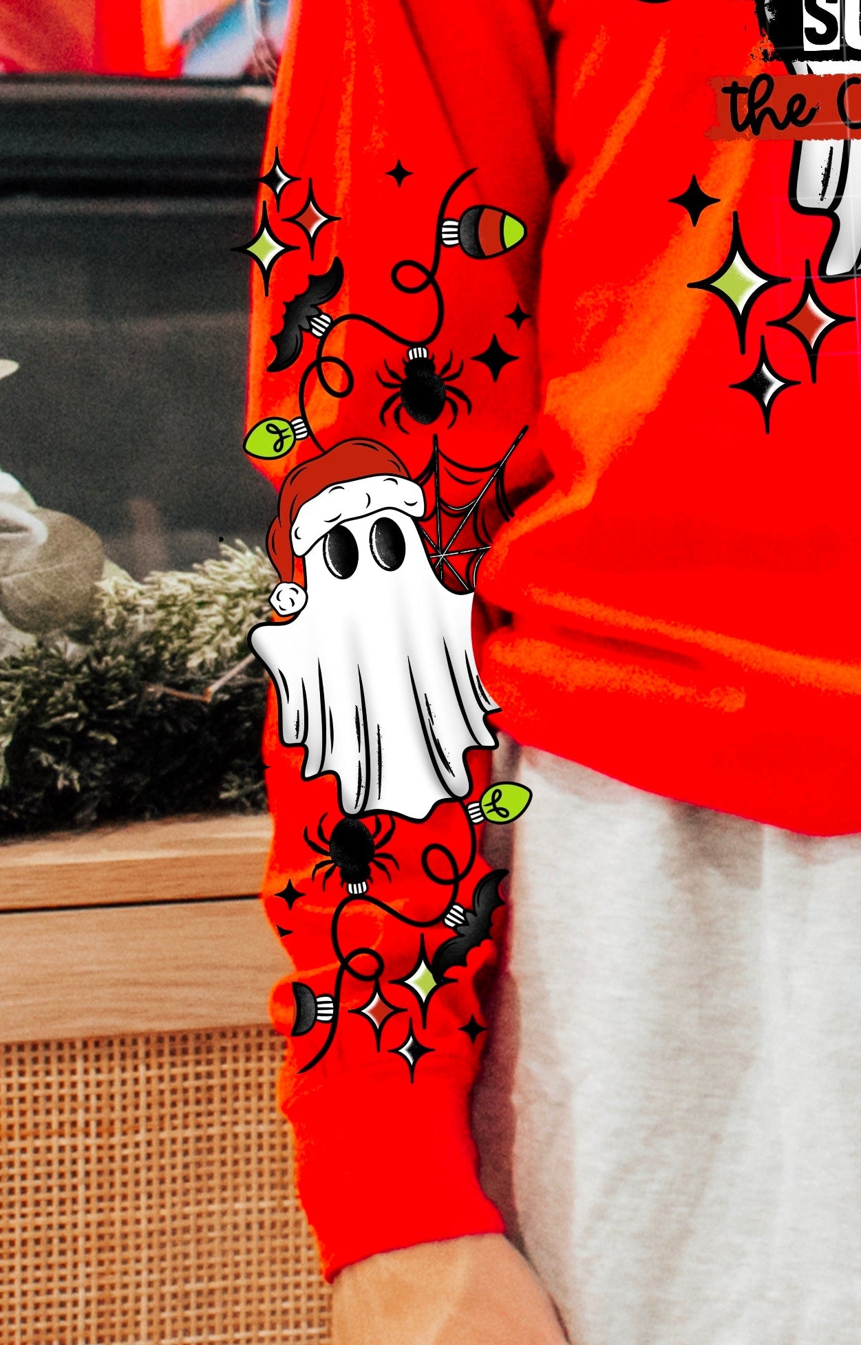 Summoning the Christmas Spirit sweatshirt with sleeve designs