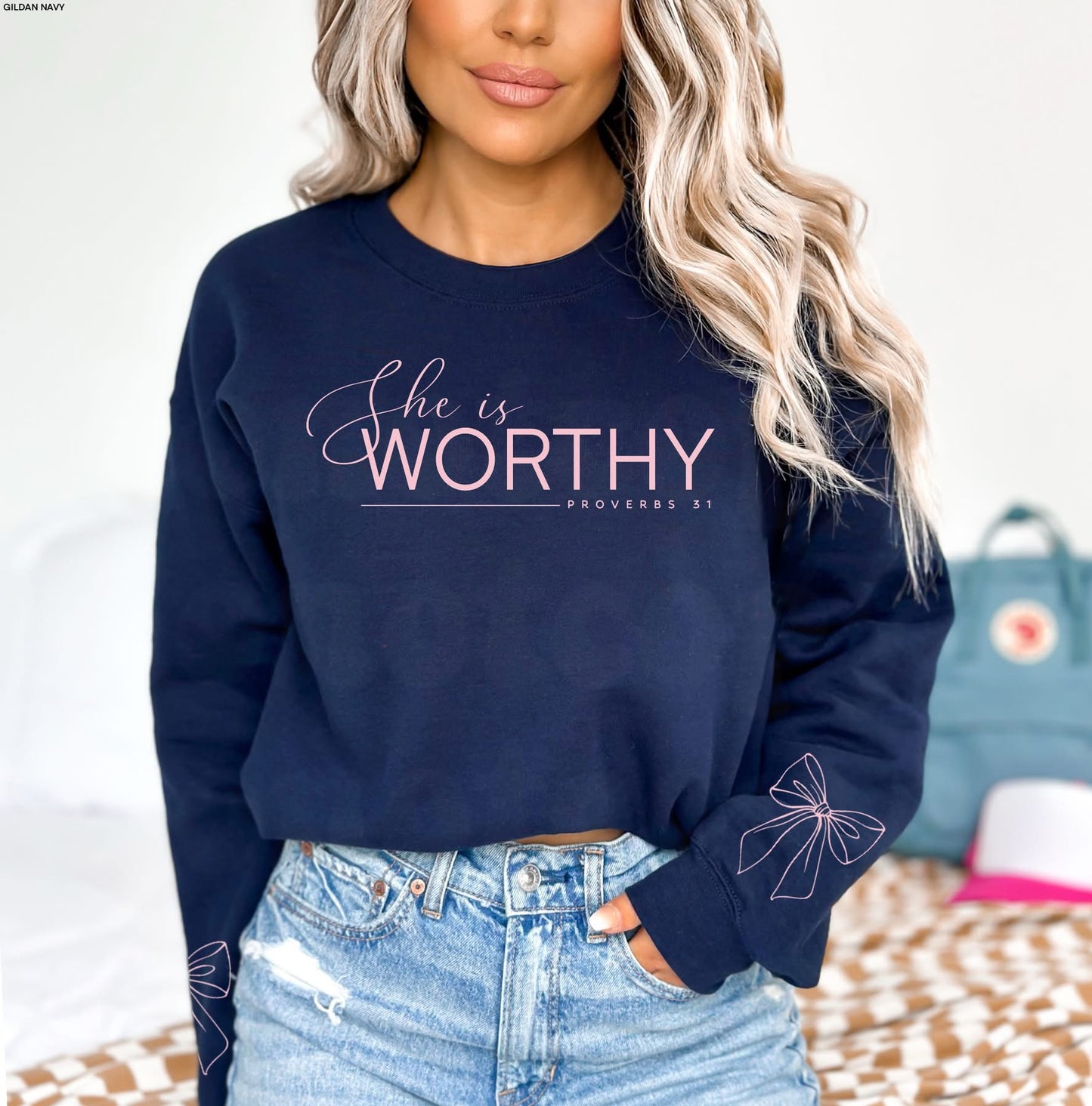 She is Worthy sweatshirt with sleeve designs (pink ink)