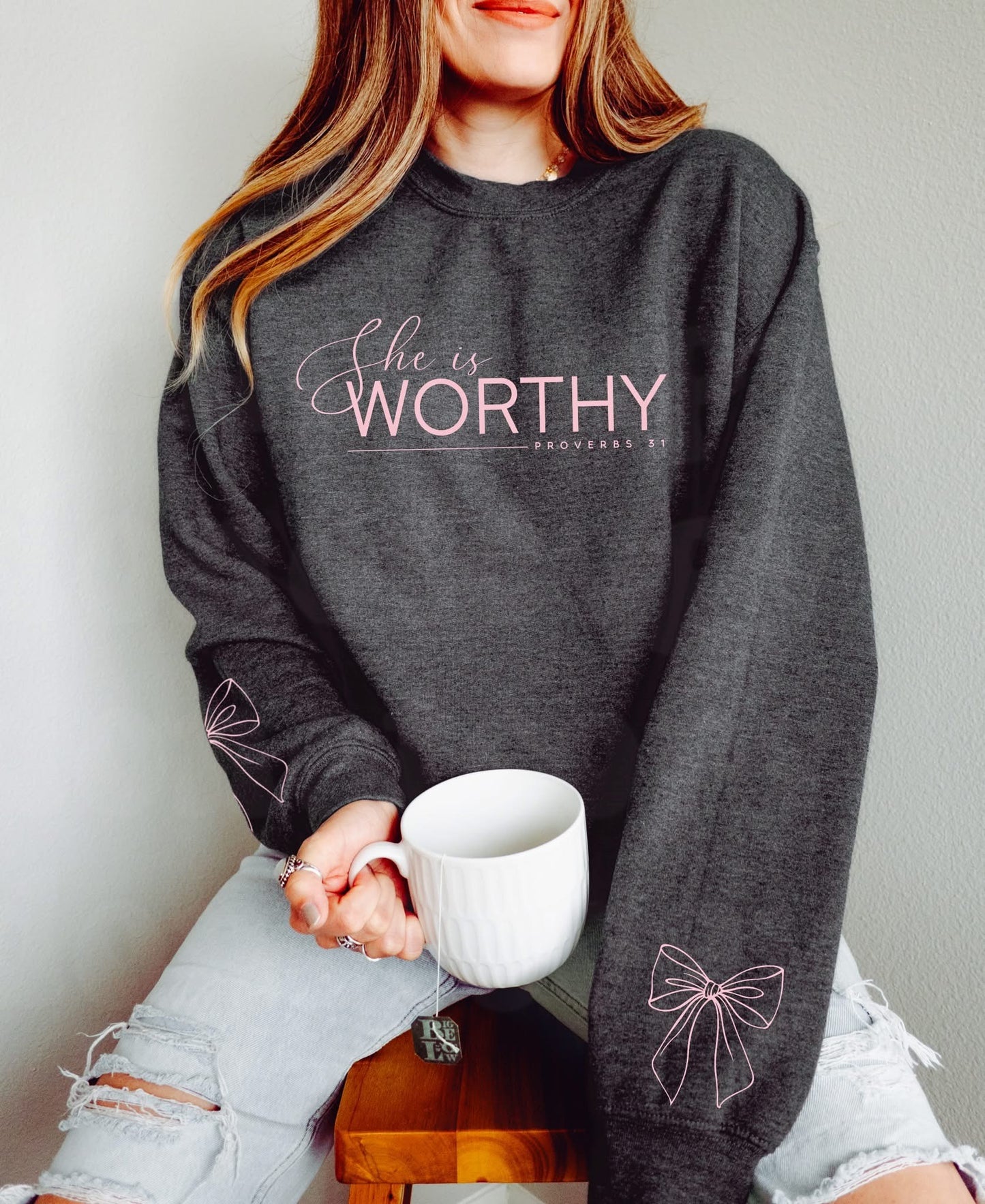 She is Worthy sweatshirt with sleeve designs (pink ink)
