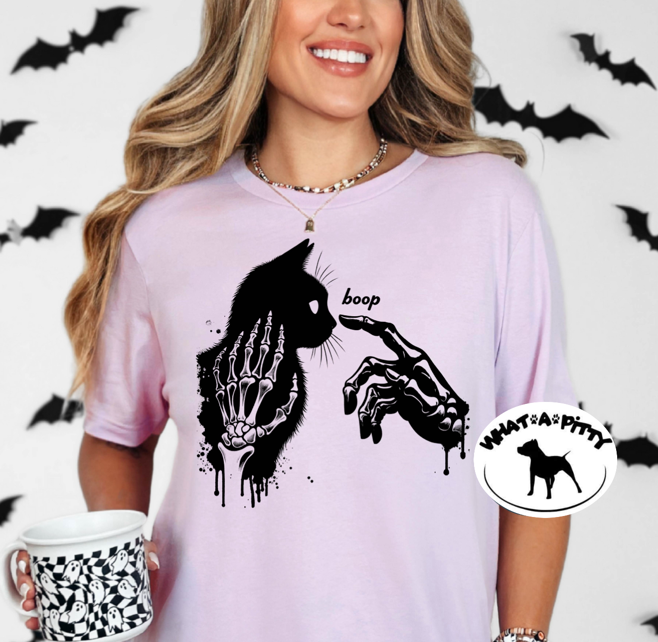 BOOP Skellie hands and black cat tee