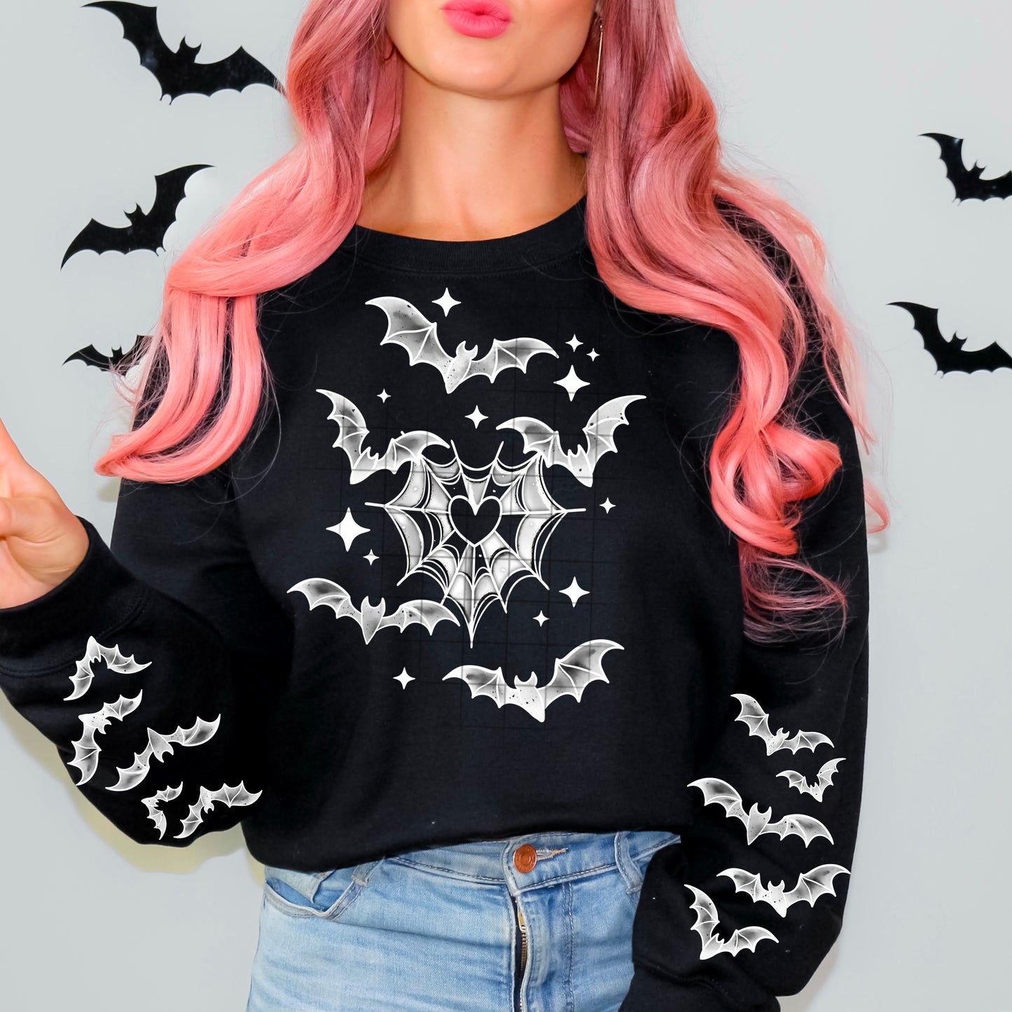Heart Web Bats sweatshirt with sleeve designs (White Ink)