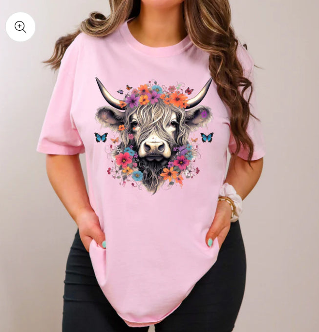 Floral Highland Cow tee