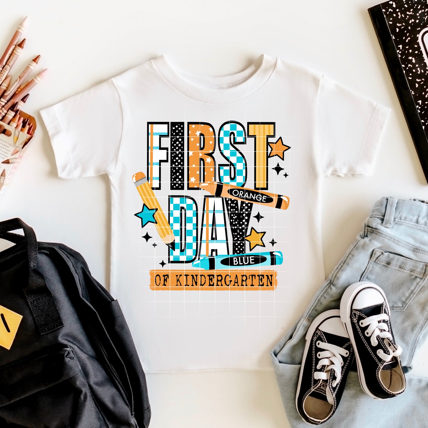 First Day of KINDERGARTEN blue checkered tee -YOUTH