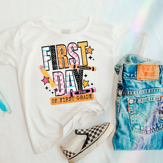 First Day of 1st GRADE Pink checkered tee -YOUTH