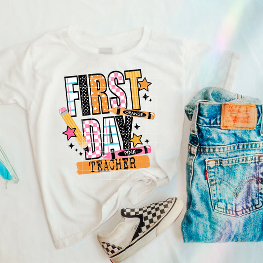 First Day TEACHER tee pink checker