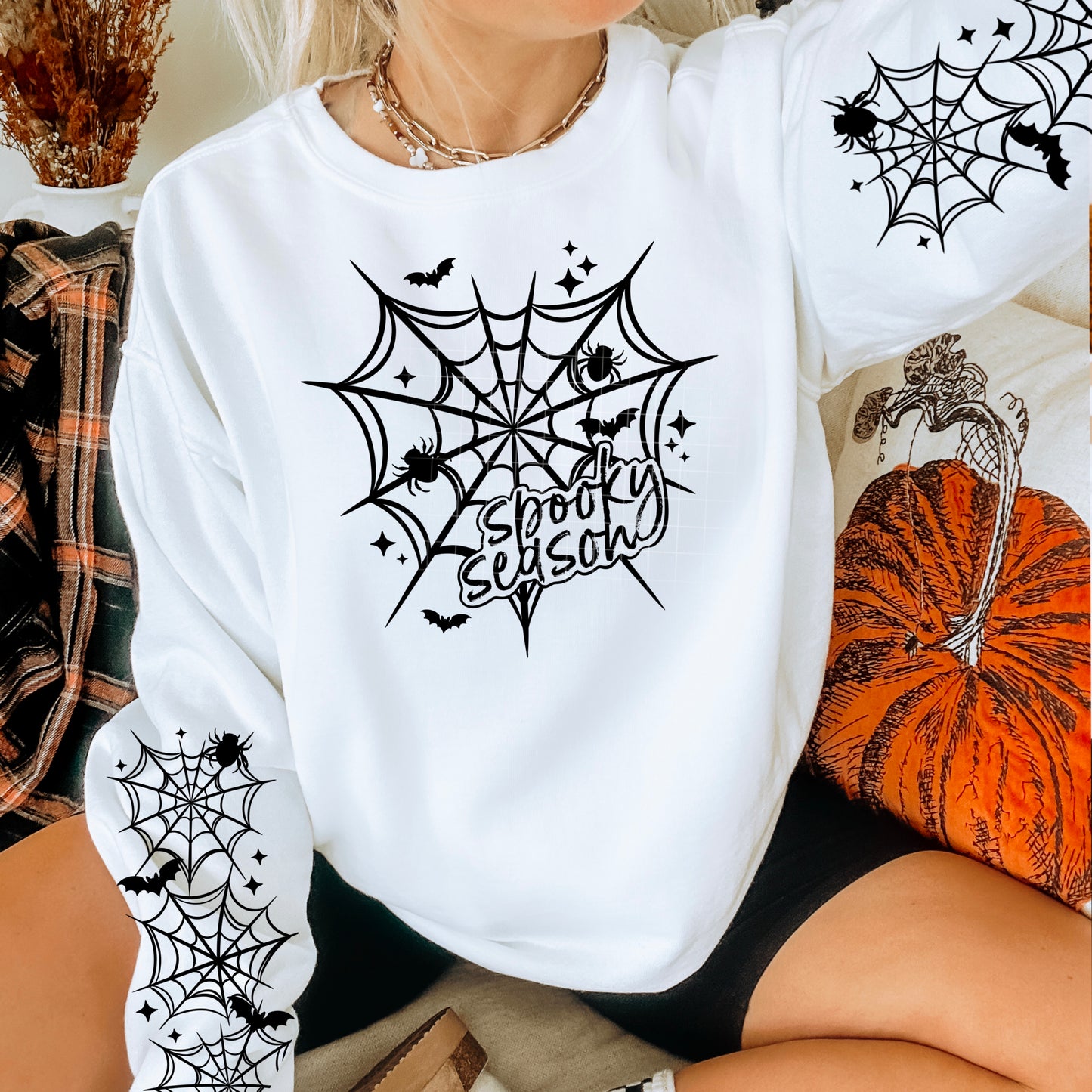 Spooky Season Web sweatshirt with sleeve design (Black Ink)