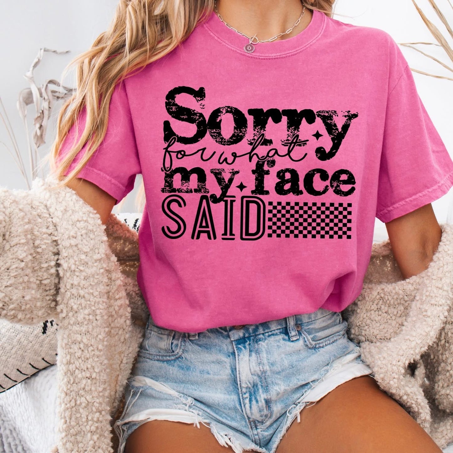 Sorry for what my face said checkered tee