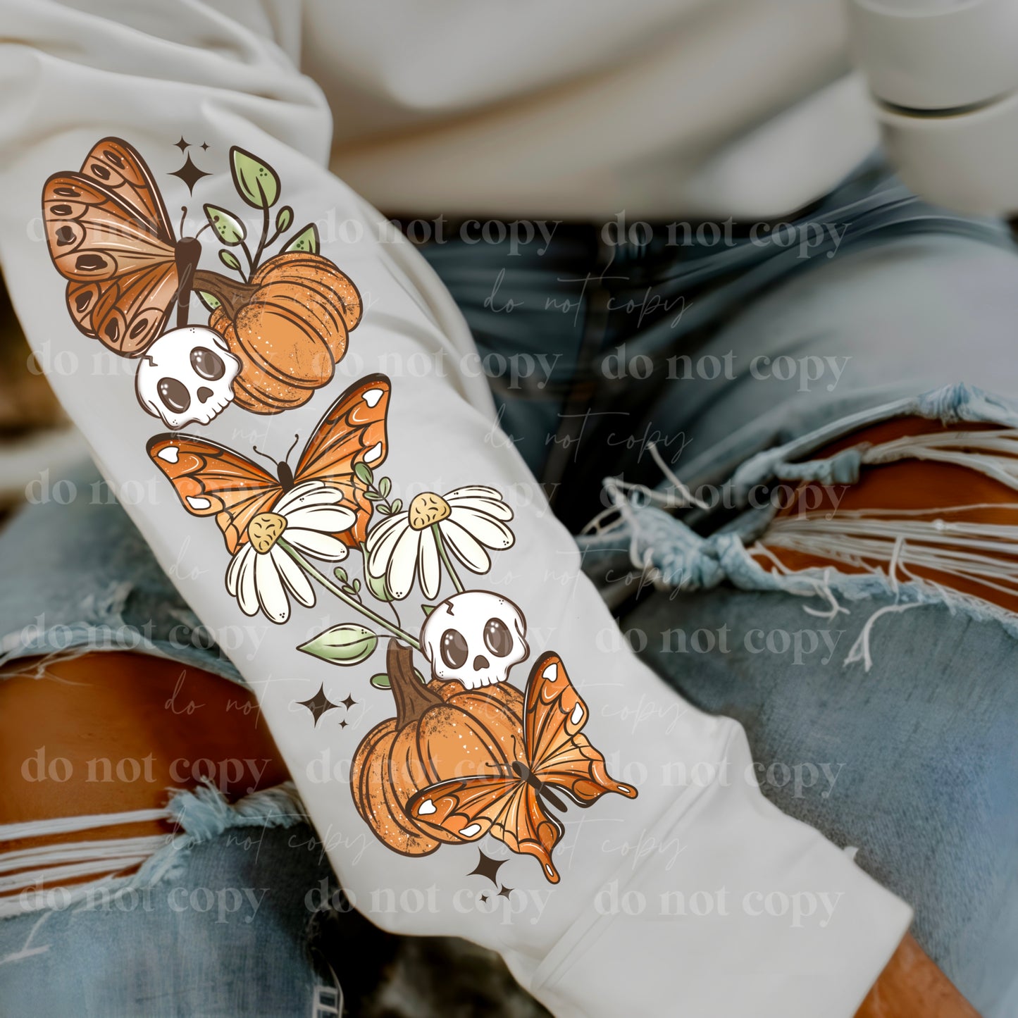 Hello Fall Coffin & Butterflies sweatshirt with sleeve design