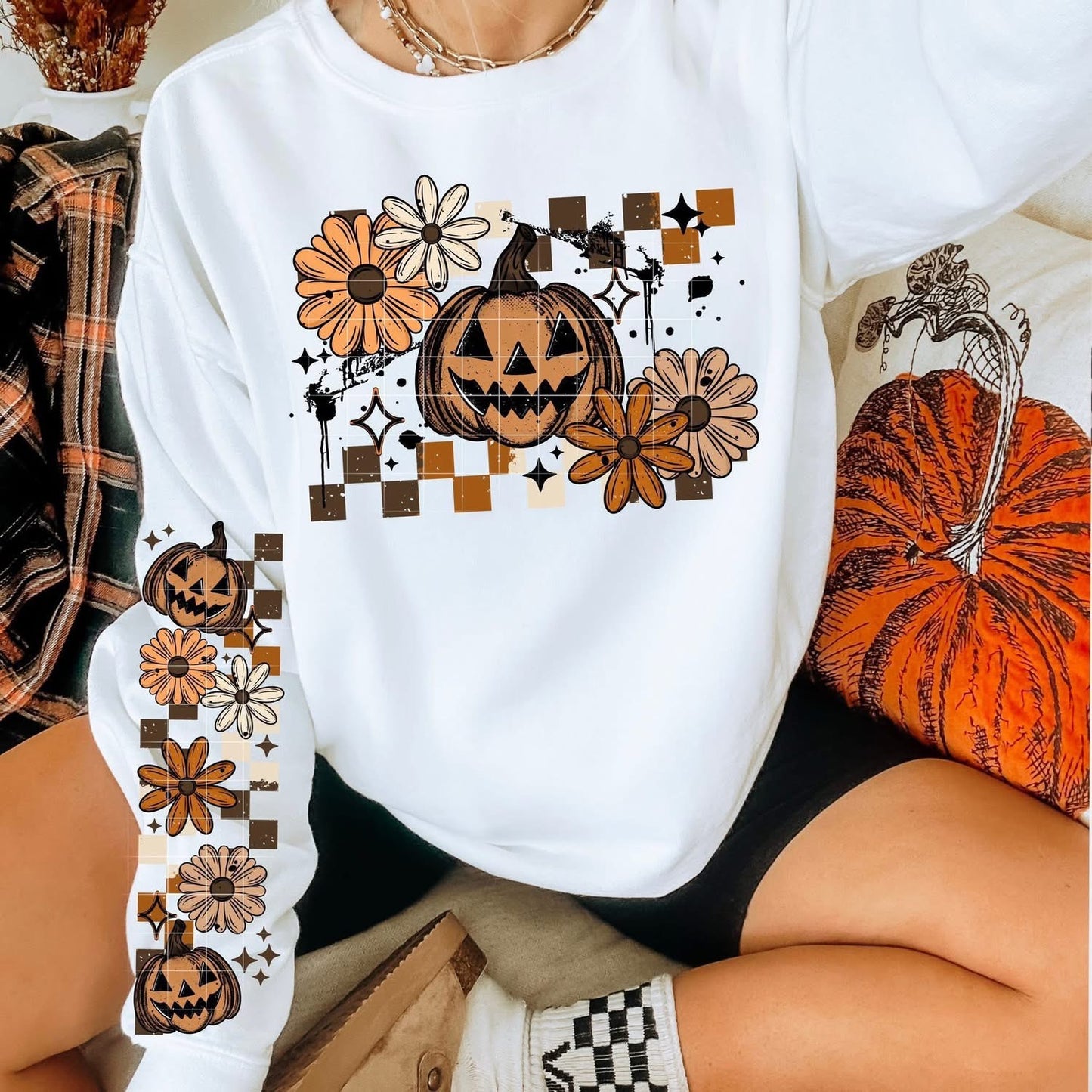 Fall Jack-o-lantern sweatsirt w/ sleeve designs