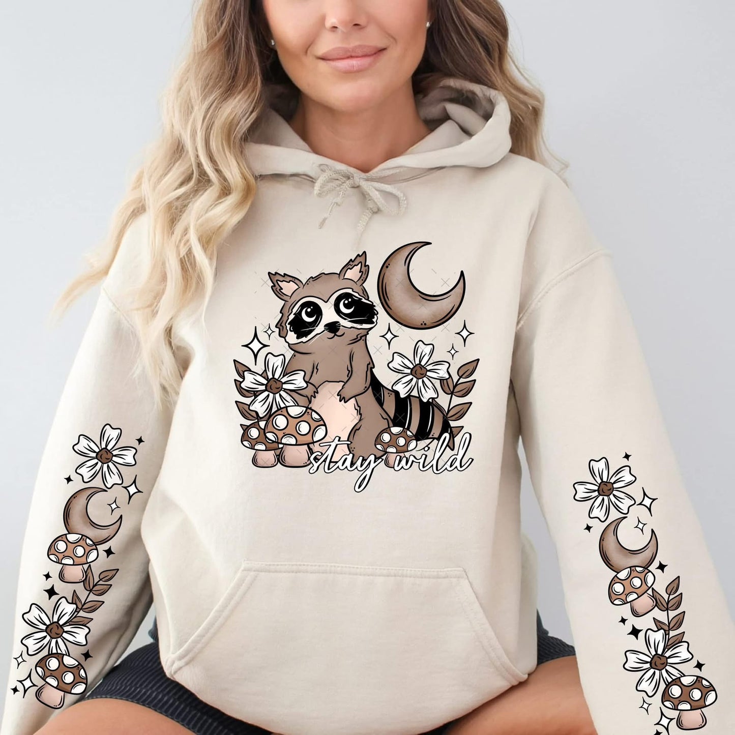 Stay Wild Raccoon sweatshirt with sleeve designs