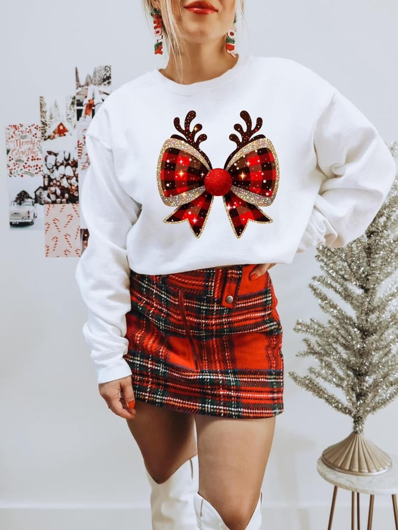 Reindeer Red & Black checkered Bow tee