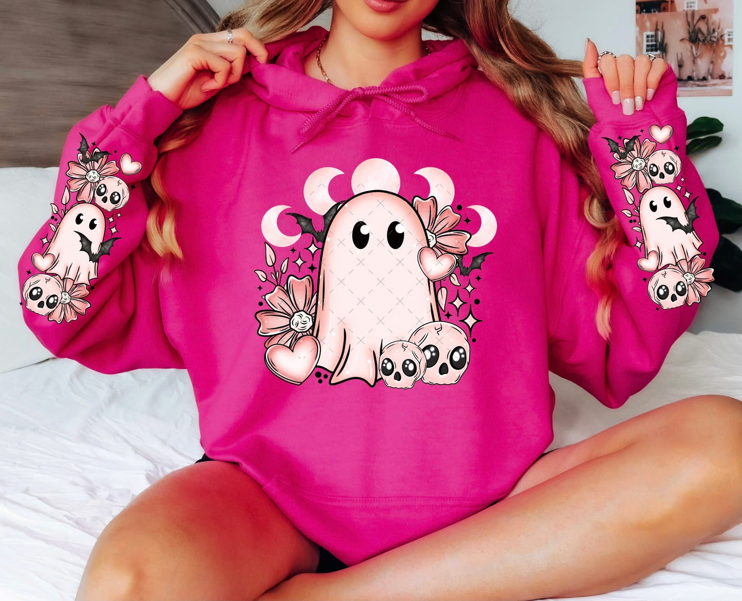 Pink Love Ghostie sweatshirt with sleeve designs