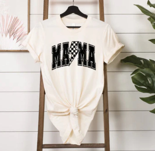 MAMA distressed black ink with checkered lightening bolt tee