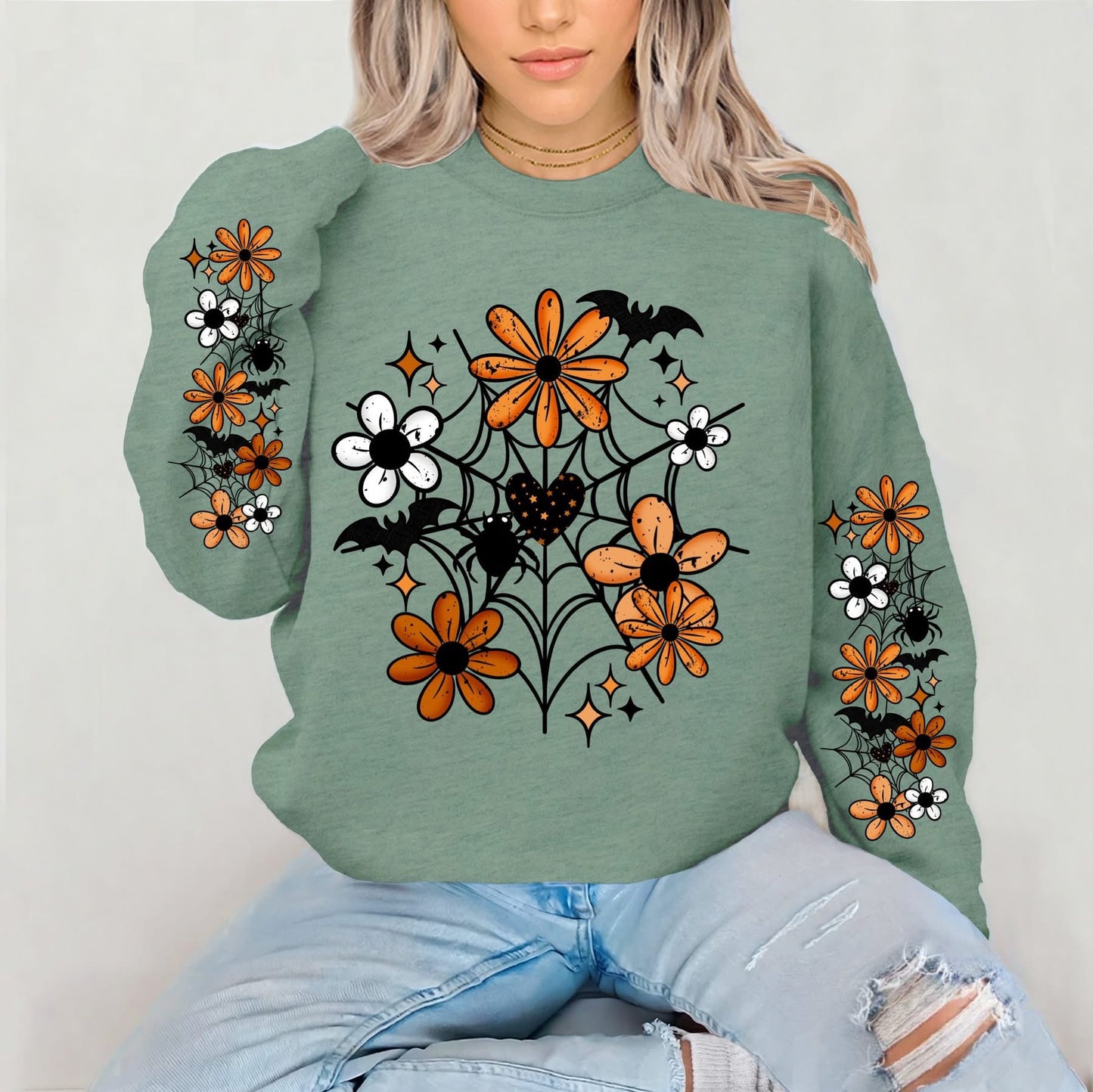 Floral Web sweatsirt w/ sleeve designs
