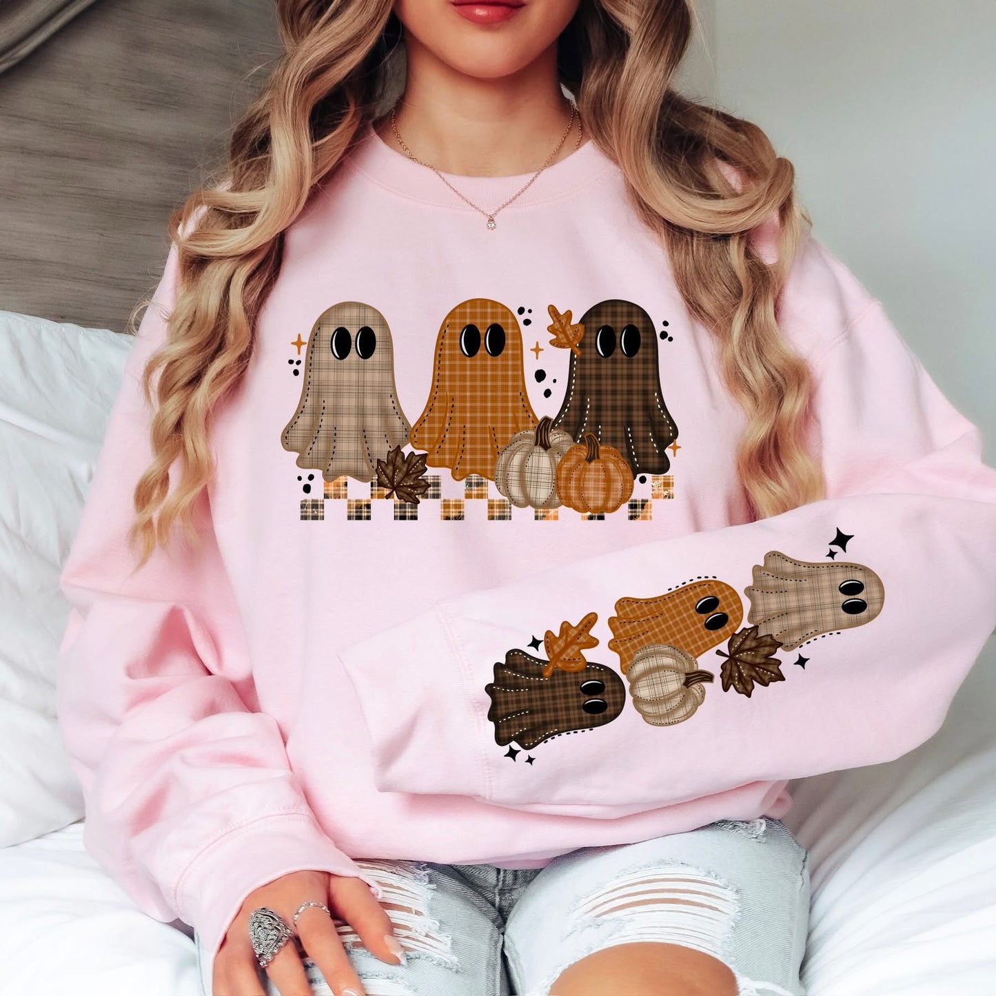 Plaid Fall Ghost Trio sweatsirt w/ sleeve design