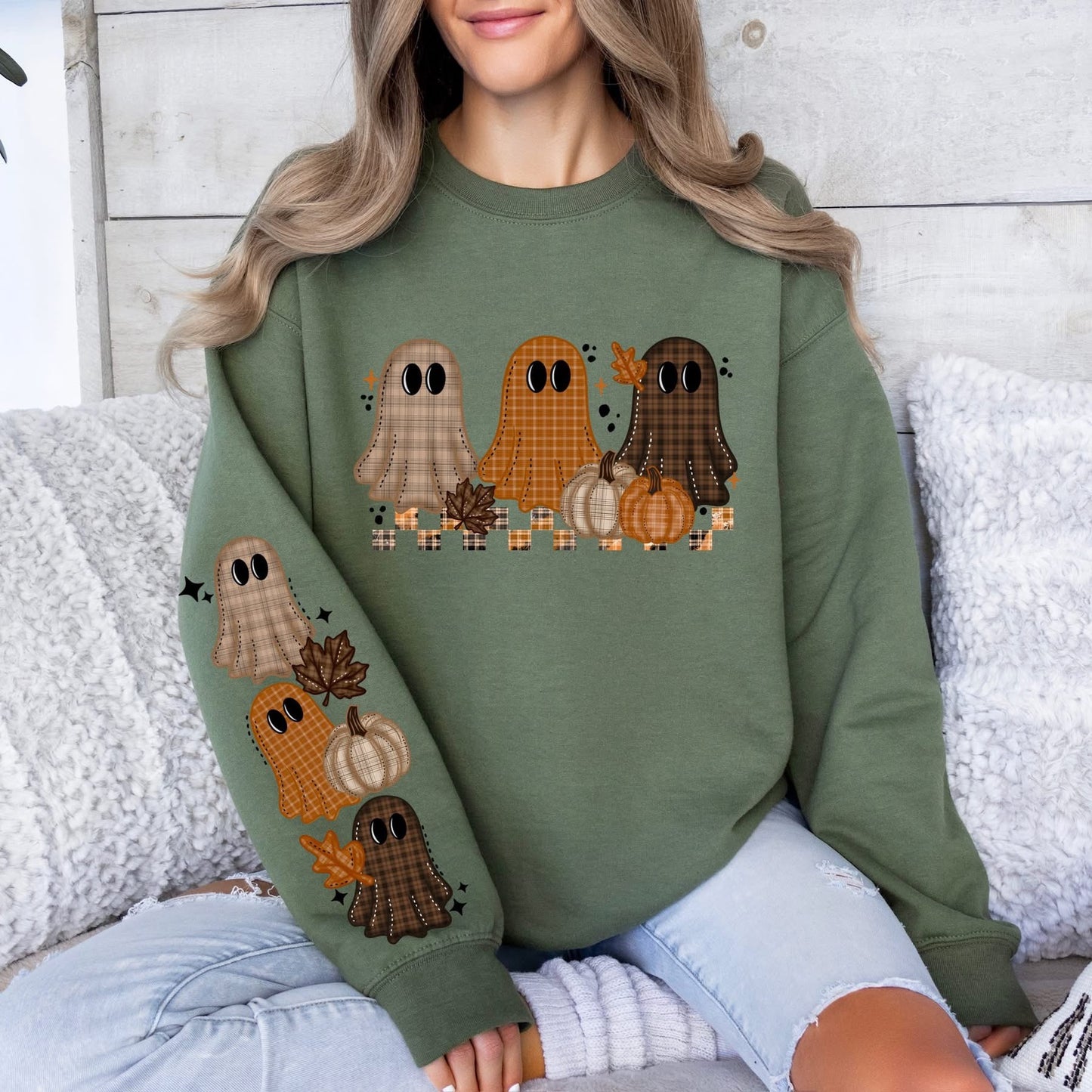 Plaid Fall Ghost Trio sweatsirt w/ sleeve design
