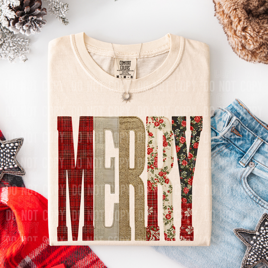 Merry faux quilt look tee