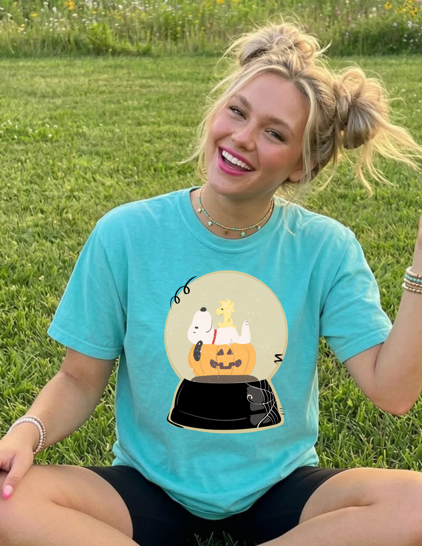 White Dog with Pumpkin Snow Globe tee