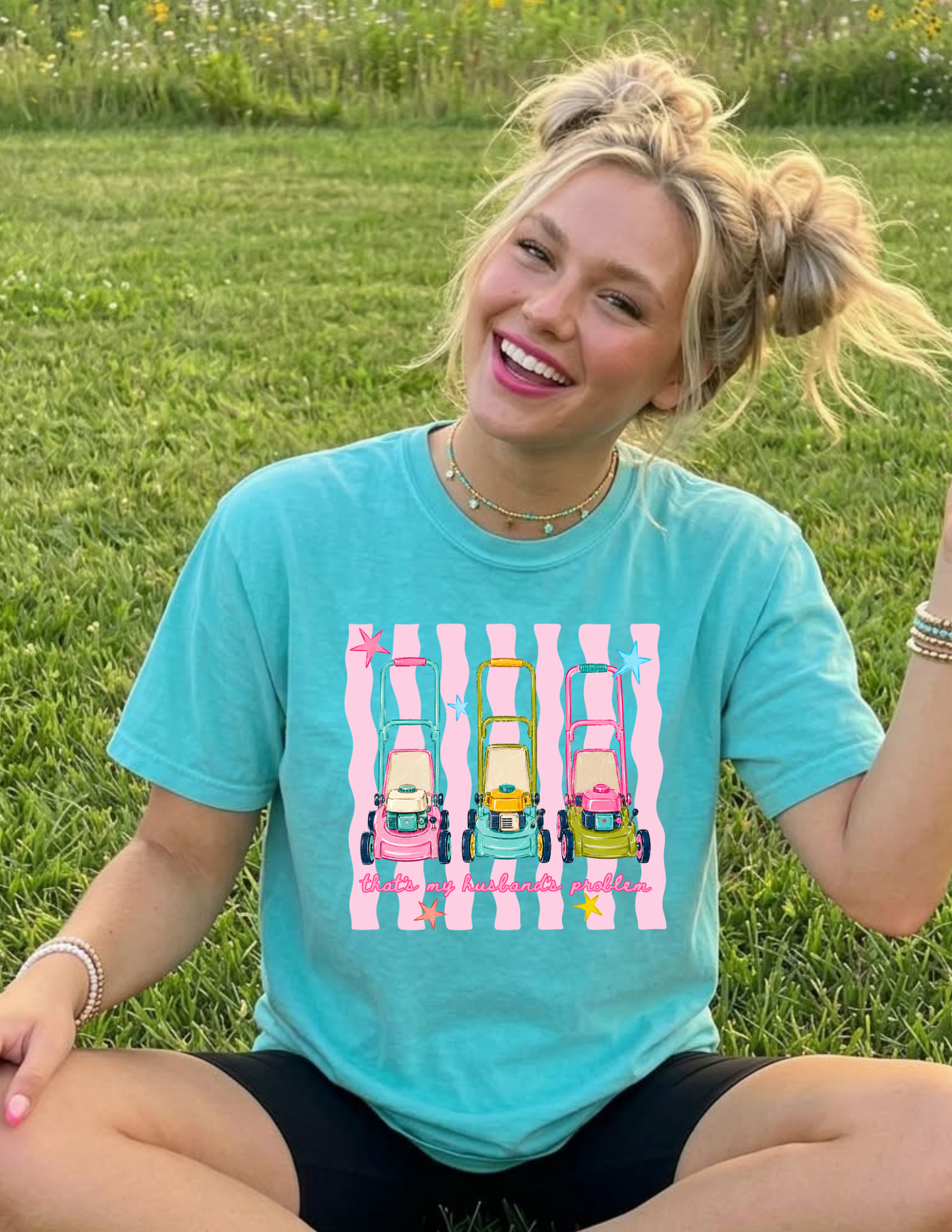 That Sounds Like My Husbands Problem Lawnmower tee (Pink Stripes)