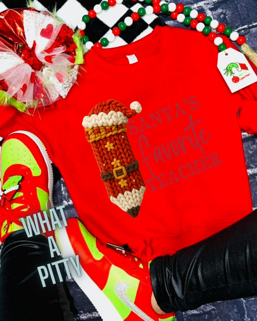 Santa's Favorite Teacher faux yarn tee