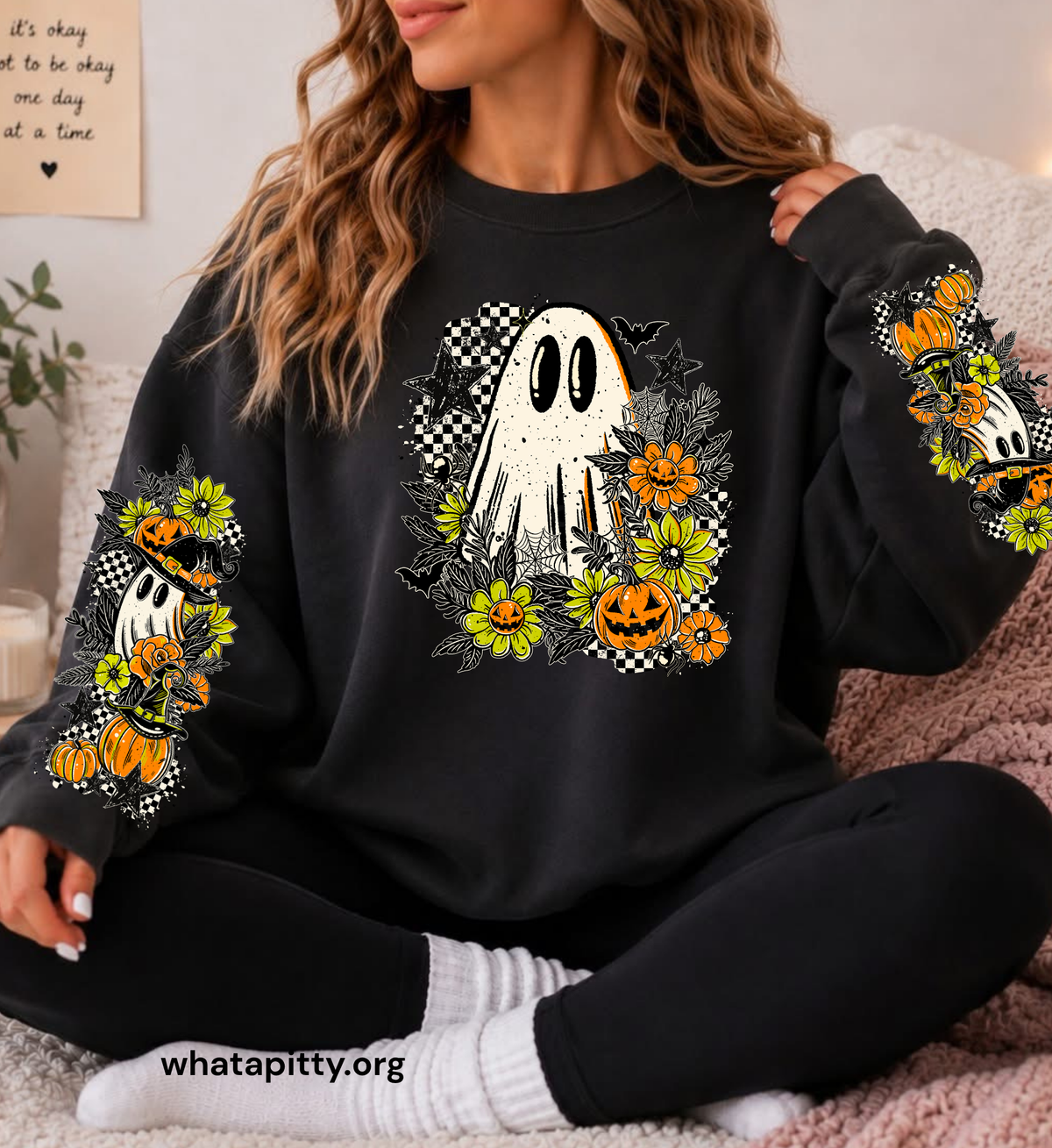 Checker Floral Ghostie sweatshirt with sleeve designs