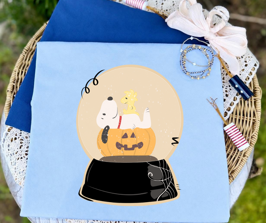 White Dog with Pumpkin Snow Globe tee