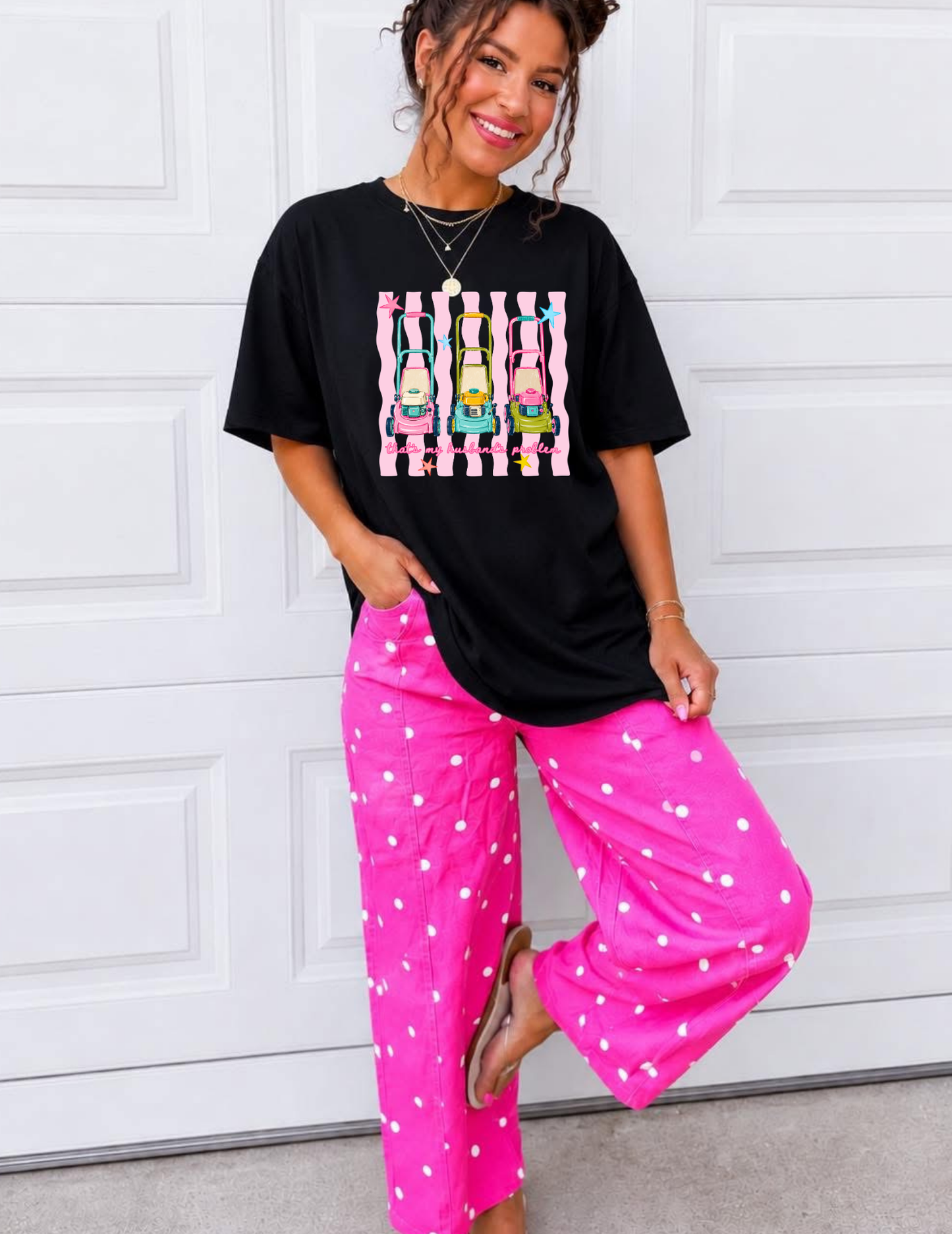 That Sounds Like My Husbands Problem Lawnmower tee (Pink Stripes)