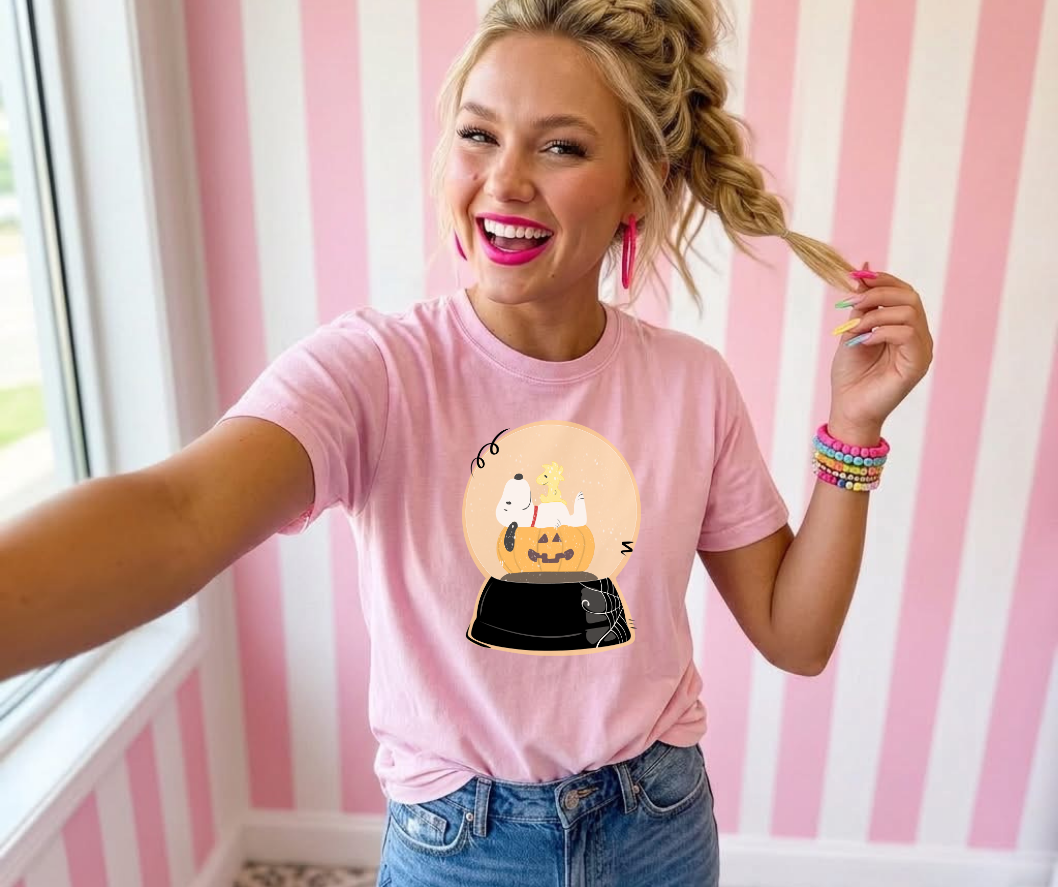 White Dog with Pumpkin Snow Globe tee