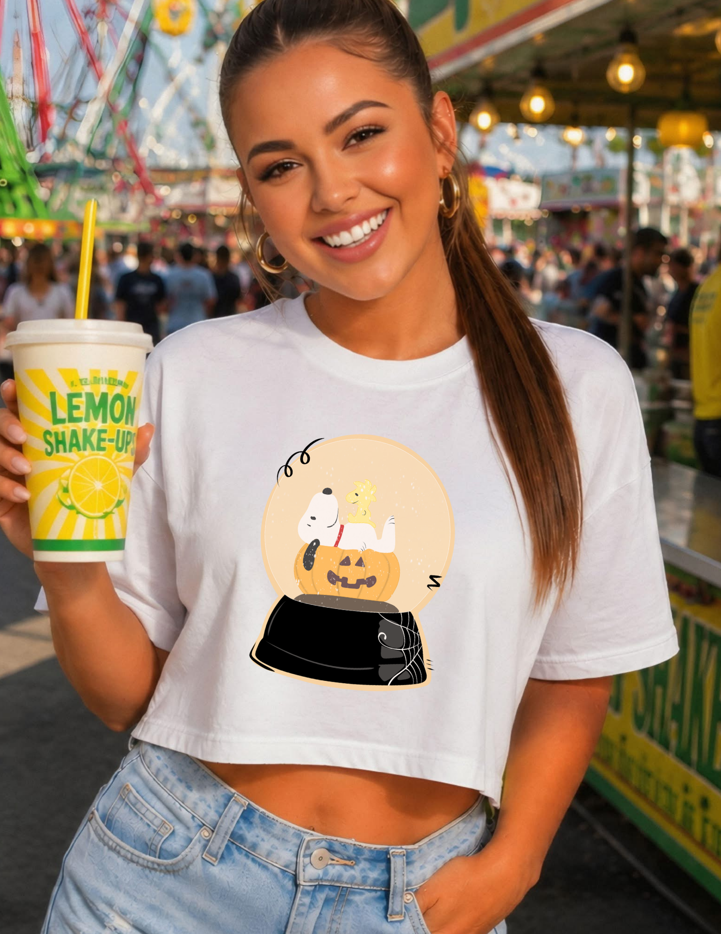 White Dog with Pumpkin Snow Globe tee