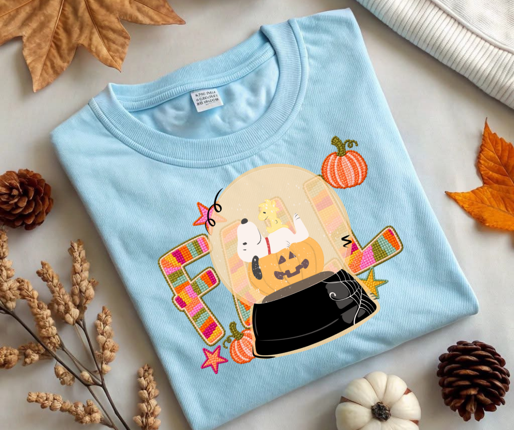 White Dog with Pumpkin Snow Globe tee