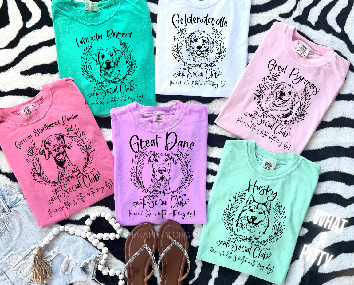 Dog Anti-Social Club tee - Over 40 breeds to choose from!