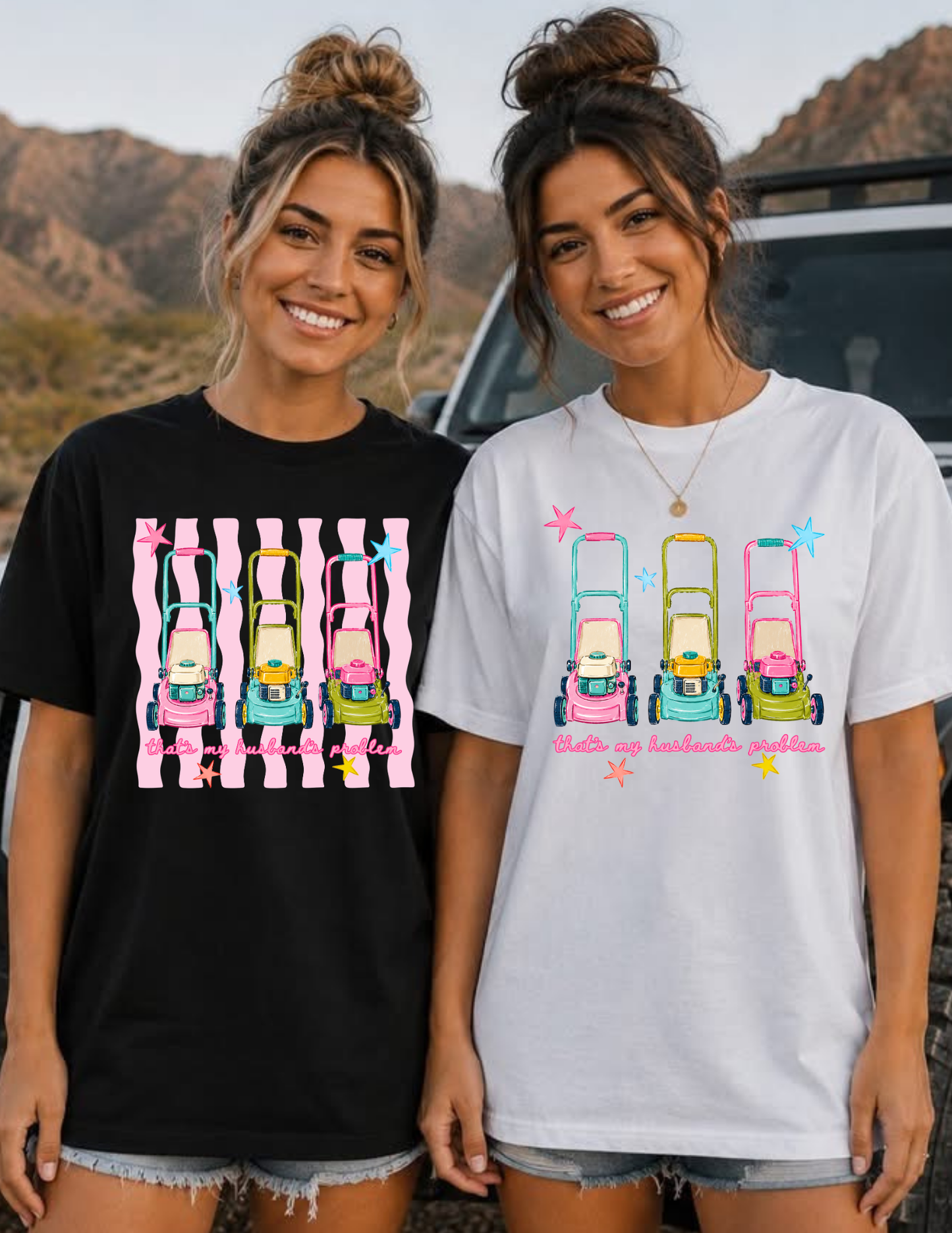 That Sounds Like My Husbands Problem Lawnmower tee (Pink Stripes)