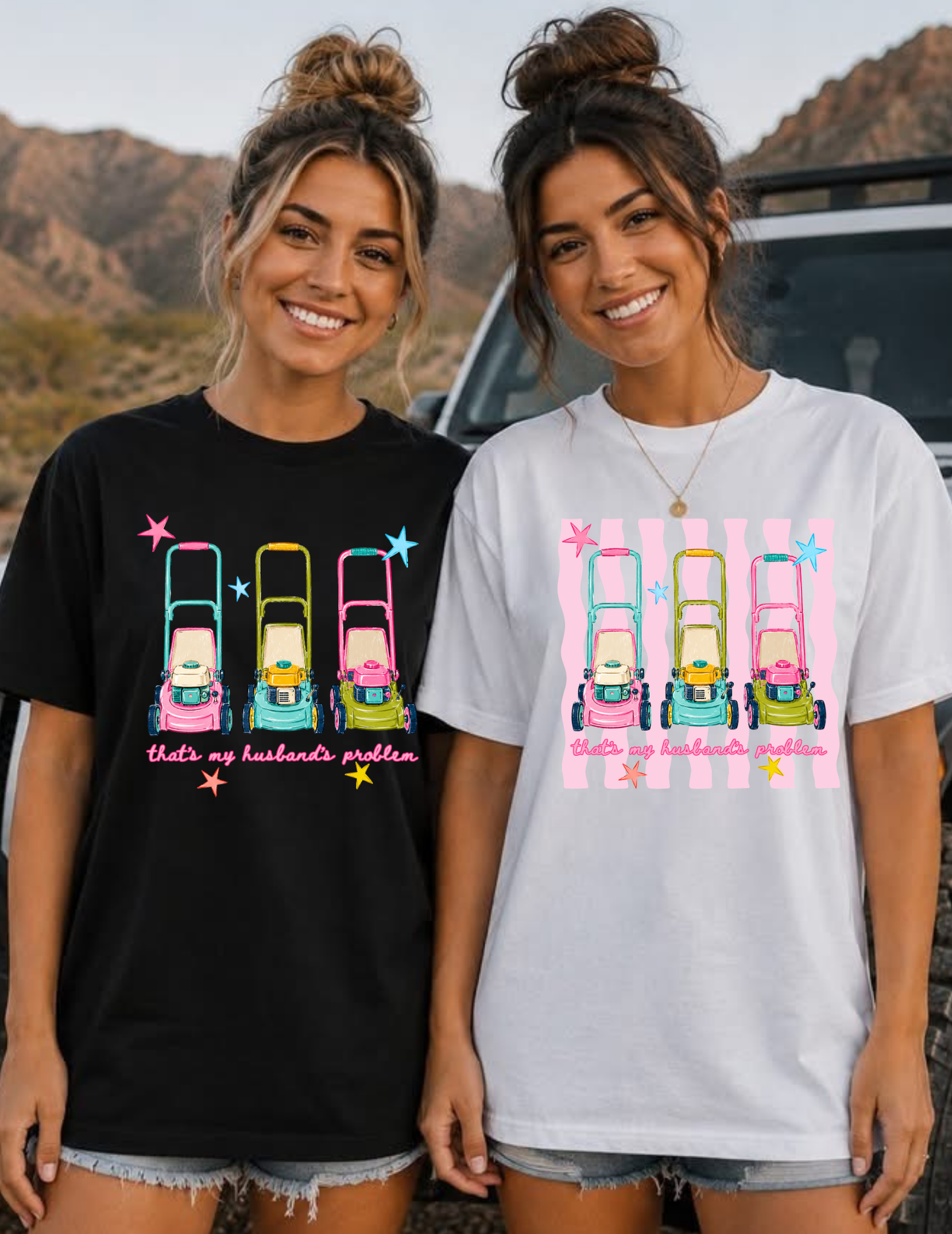 That Sounds Like My Husbands Problem Lawnmower tee (Pink Stripes)