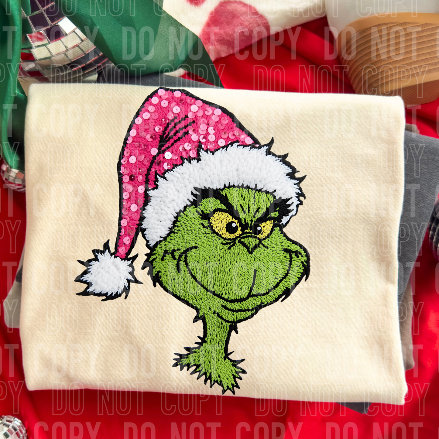 Green man with pink Santa hat faux yarn tee